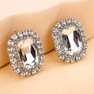 Square Silver Crystal Earrings Rhinestone Stud Earrings